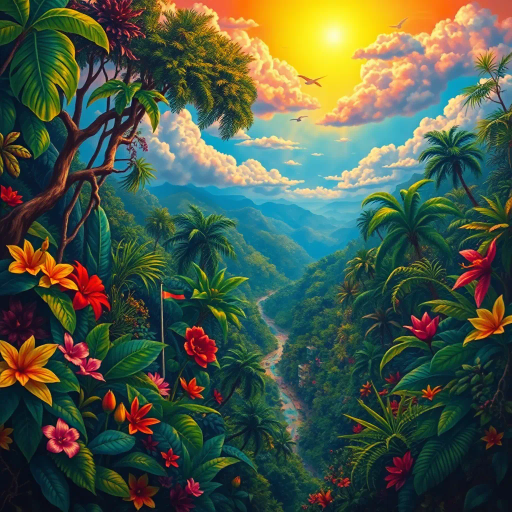 vivid rainforests, vibrant colors, intricate details, lush foliage, rich cultural heritage, magical realism, Brazilian landscape, surreal clouds, tropical wildlife, Henri Rousseau influence, rhythmic movement, radiant sunlight, festive mood, intricate patterns, exotic birds, mythical elements, celebratory spirit, tropical flora, samba rhythm, enchanting scenery, Tarsila do Amaral, modernist architecture, cultural fusion, vibrant street art, warm sunlight, Copacabana beach, Botero-inspired figures, expressive brushstrokes, Amazon River, intricate textures, joyous atmosphere, Jorge Selarón, Carmen Miranda, exuberant colors, dynamic samba dancers, indigenous art, Afro-Brazilian heritage, vibrant street scenes, fluid movement, warmth and energy, sunlit landscapes, urban diversity, contemporary influences, chromatic brilliance, rich biodiversity, atmospheric perspective, lively street scenes, surrealism, rhythmic energy, spirited festivities, whimsical elements, bold palettes, mystical atmosphere, fantastical landscapes, tropical flora and fauna