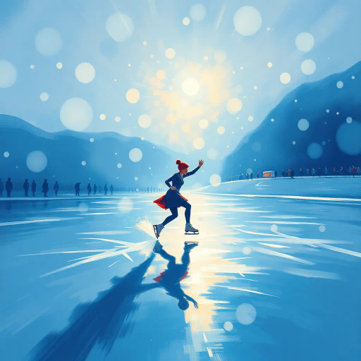 winter landscape, graceful skater, Olympic competition, dynamic motion, surreal elegance, glistening ice, dramatic lighting, vibrant colors, fluid movement, delicate balance, modern artistry, celebratory atmosphere, sportsmanship, international influence, precise technique, Alexander Calder inspiration, futuristic design, cold palette, geometric patterns, sweeping lines, epic scale, abstract realism, vivid textures, harmonious composition