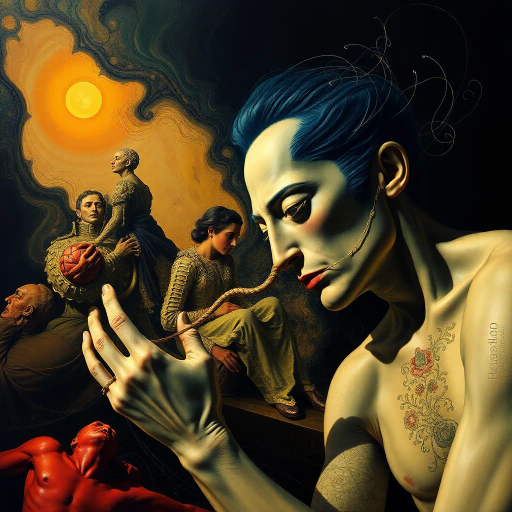 surrealism, Salvador Dalí, intricate restraints, emotional tension, chiaroscuro lighting, forbidden desires, deep contrasts, abstract forms, nuanced emotions, vivid color palette, tension-filled composition, fluid dynamics, psychological exploration, symbolism of freedom and constraint, Renaissance influence, dramatic storytelling, emotional complexity, glossy textures, conceptual depth, intimate yet vast, baroque drama, intricate patterns, avant-garde perspective