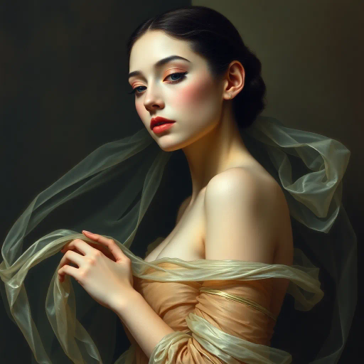 Renaissance, surrealism, ethereal elegance, chiaroscuro lighting, muted pastels, oil paint texture, Botticelli, Dali, delicate translucence, female form, elegance, dreamlike atmosphere, baroque curves, intimate portrait, flowing drapery, softness, timeless allure, serene expression, modern interpretation, cultural fusion, emotive gaze, gentle movement, classic composition, symbolic beauty, illuminated silhouette, harmonious balance, poised stance