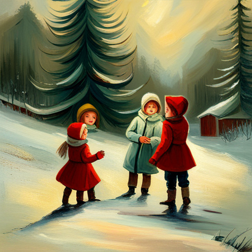 vintage, oil, impersonalism, Winter Children under a Christmas Tree Painting, classic