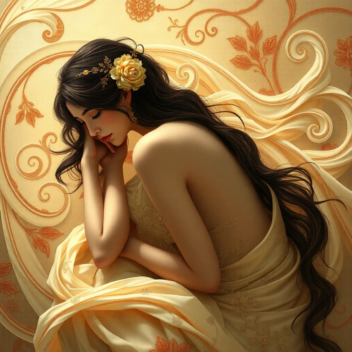 surreal, ethereal, timeless elegance, Gustav Klimt, Art Nouveau, flowing curves, soft lighting, pastel hues, Renaissance, delicate textures, elegant composition, dreamlike atmosphere, symbolic, feminine grace, chiaroscuro, intimate setting, sensuality, muted tones, baroque influences, detailed, emotional depth, harmonious balance, ornate embellishments, idyllic scene, captivating presence