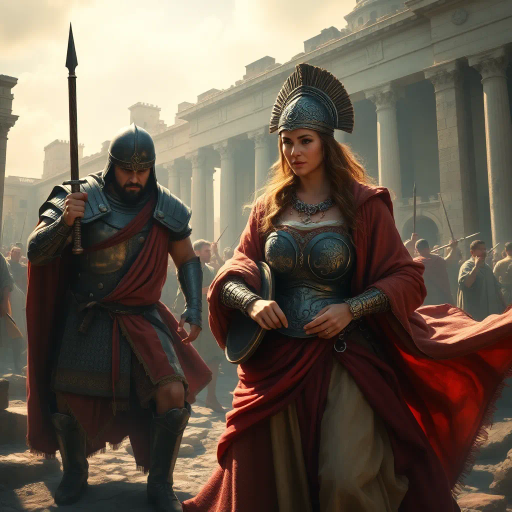 ancient Rome, Sack of Rome 410 CE, Visigothic warrior, Roman lady, dramatic tension, historical narrative, epic composition, chiaroscuro lighting, rich textures, vivid colors, romanticism, classicism, dramatic movement, cultural clash, historical saga, detailed armor, flowing Roman robes, emotional intensity, symbolic imagery, layered composition, heroic scale, classical architecture backdrop, dynamic interactions, historical realism, artistic storytelling, power and grace, clash of civilizations, evocative mood, intricate detailing, timeless conflict, artistic depth, dramatic contrast