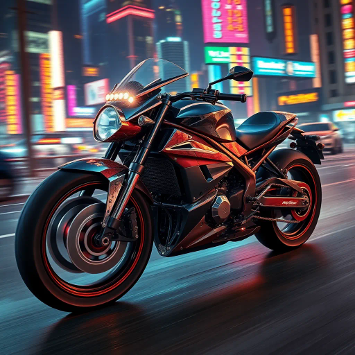 futuristic motorcycle, sleek design, dynamic movement, vibrant neon lighting, retro-futurism aesthetics, Ralph McQuarrie, cyberpunk cityscape, speed and energy, chrome finishes, intricate mechanical details, kinetic composition, bold contrasts, urban night setting, digital rendering techniques, motion blur, concept art, streamlined form, synthetic materials, high contrast shadows, immersive environment, Akira inspiration, Blade Runner ambiance, luminous reflections, electric hues, cutting-edge technology, dusk ambiance, cinematic angles, futuristic metropolis, pulsating vibrancy