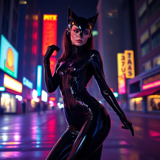 sleek catsuit design, high fashion, futuristic elements, vibrant neon lighting, dynamic pose, bold composition, metallic textures, sci-fi influence, Joan Miró inspiration, night cityscape, cyberpunk aesthetics, mysterious mood, playful elegance, abstract forms, intricate detailing, avant-garde style, fluid movements, bold color contrasts, surreal presentation, depth and layering, unconventional materials, reflections and shadows, elegant silhouette, imaginative realm, Salvador Dali, dreamlike atmosphere, geometric precision, fluid dynamics, visual storytelling, abstract surrealism, enigmatic expressions, ethereal glow, kaleidoscopic patterns, reflective surfaces, overlapping dimensions, contrasting hues, multidimensional perspective, spatial depth, imaginative narrative