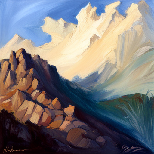 majestic peaks, rugged terrain, atmospheric perspective, muted colors, Impressionism, Hudson River School, light and shadow, texture, acrylic paint, naturalism, serenity, grandeur, scale, plein air, rocky outcroppings, dramatic sky, asymmetry, depth, soft brushstrokes, tranquility