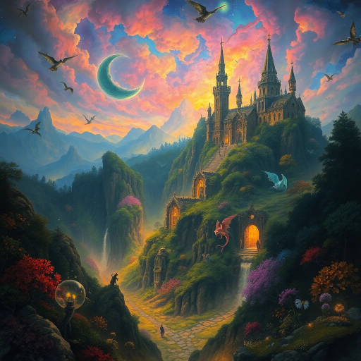 enchanted landscape, mystical realms, ethereal beauty, vivid colors, surrealism, sweeping vistas, fantastical creatures, otherworldly atmosphere, glowing skies, vibrant flora, ancient mythology, epic scale, dreamlike scenery, luminescent lighting, imaginative storytelling, intricate details, magical realism, Arthur Rackham, dark forests, hidden mysteries, legendary tales, whimsical architecture, Celtic influences, Renaissance inspiration, flowing compositions, luminous textures, enchanted valleys, mythical symbolism, timeless legends