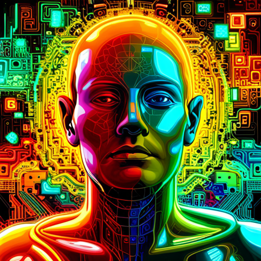 AI programming in a singularity matrix, exploring the boundaries of identity and consciousness through vivid colors and abstract shapes with hints of cyberpunk and postmodernism