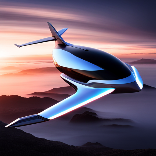 futuristic technology, personal aircraft, sleek design, innovative materials, aerodynamic shape, metallic finishes, electric propulsion, autonomous navigation, advanced avionics, cyberpunk influence, neon lighting