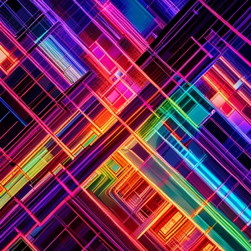 futuristic, artificial intelligence, data visualization, neon colors, generative art, complex patterns, glitch art, cyberpunk, machine learning, wires and circuits, abstract expressionism