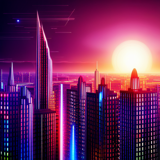 futuristic cityscape, binary code, vibrant colors, artificial intelligence, futuristic fonts, sleek design, digital art, concept art, sci-fi, technology, progress, innovation, creative coding, modern interface, minimalist design, high-tech, software, futuristic architecture