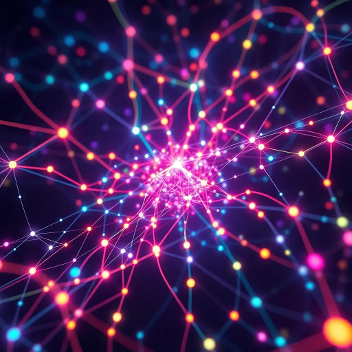 interconnected, nodes, abstract, knowledge, visualization, vibrant colors, glowing lines, futuristic, data, networks, complexity, Escher, fractal art, depth, space, digital networks, interwoven, cybernetic, flow, dynamic, information, web-like, structure, ethereal, modern