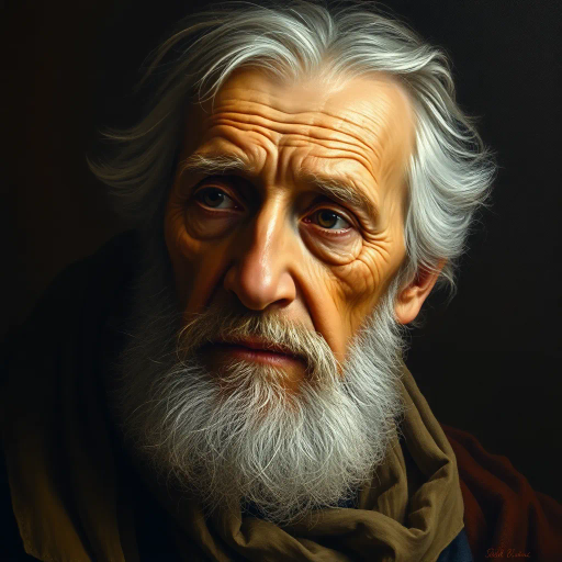 Renaissance, chiaroscuro, warm tones, oil painting texture, middle age, wisdom, contemplative atmosphere, Rembrandt influence, baroque, detailed features, soft brushstrokes, introspective mood, cultural depth, classical beauty, serene expression, timeless gaze, rich patina, flowing drapery, realistic depiction, layered composition, age-old elegance