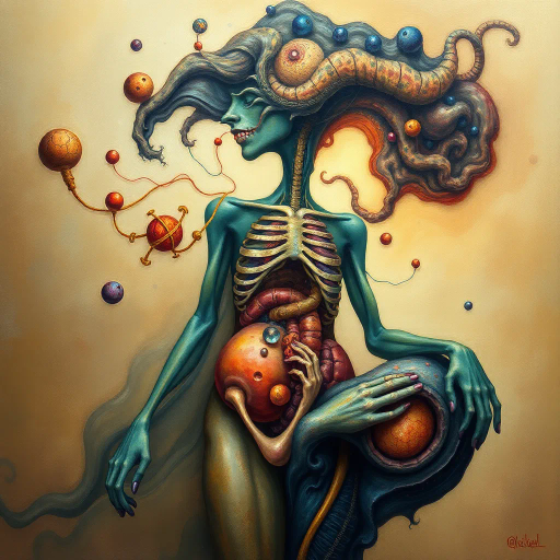 surreal anatomy, Salvador Dali influence, dream-like, soft lighting, whimsical, abstract forms, organic shapes, flowing lines, symbolism of life, contrasting colors, dynamic composition, imaginative exploration, emotional tone, fantastical elements, ethereal textures, modern interpretation, creative expression, surrealist techniques, bold contrasts, vibrant palette