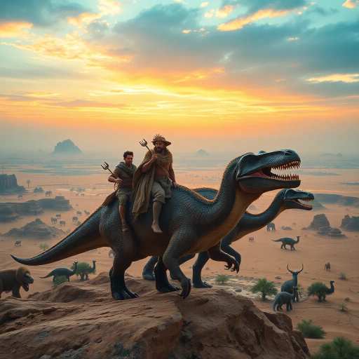 panoramic view, men dressed in animal skins, riding dinosaurs, oasis setting, distant desert landscape, vibrant colors, prehistoric theme, dynamic composition, surreal atmosphere, dramatic lighting, detailed textures, cinematic perspective, tribal influences, ancient world, adventurous mood, vast open space, rugged terrain, visual storytelling, epic scale, rich hues, exotic creatures, imaginative scenery