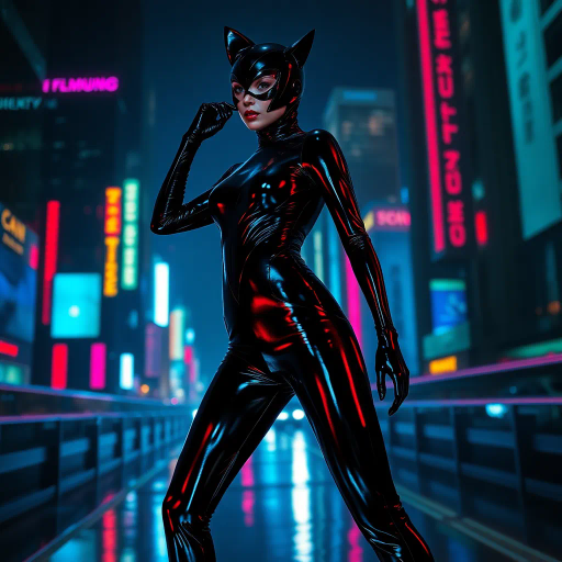 sleek catsuit design, high fashion, futuristic elements, vibrant neon lighting, dynamic pose, bold composition, metallic textures, sci-fi influence, Joan Miró inspiration, night cityscape, cyberpunk aesthetics, mysterious mood, playful elegance, abstract forms, intricate detailing, avant-garde style, fluid movements, bold color contrasts, surreal presentation, depth and layering, unconventional materials, reflections and shadows, elegant silhouette, imaginative realm, Salvador Dali, dreamlike atmosphere, geometric precision, fluid dynamics, visual storytelling, abstract surrealism, enigmatic expressions, ethereal glow, kaleidoscopic patterns, reflective surfaces, overlapping dimensions, contrasting hues, multidimensional perspective, spatial depth, imaginative narrative