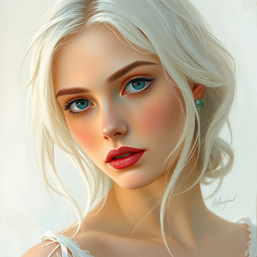 ethereal woman, medium white hair, whimsical, ethereal lighting, Vermeer influence, baroque hints, soft highlights, Renaissance elegance, surreal composition, pastel tones, gentle textures, smooth brushstrokes, delicate expressions, serene mood, classical framing, flowing movement, introspective gaze, intricate patterns, harmony and balance, subtle symbolism, dreamlike atmosphere, art of Vermeer, baroque period, renaissance art, mid-century modern, soft pastel palette, gentle and smooth, serene and introspective, flowing and balanced, surreal and dreamlike