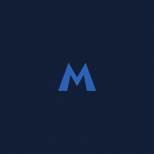 minimal M logo, perspective convergence, depth, hierarchy, solid indigo blue, geometric, modern tech design, flat vector, white background, Bauhaus influences, clean lines, symmetry, contemporary aesthetics, spatial innovation, futurism, precision, abstraction, innovative branding, structural elegance