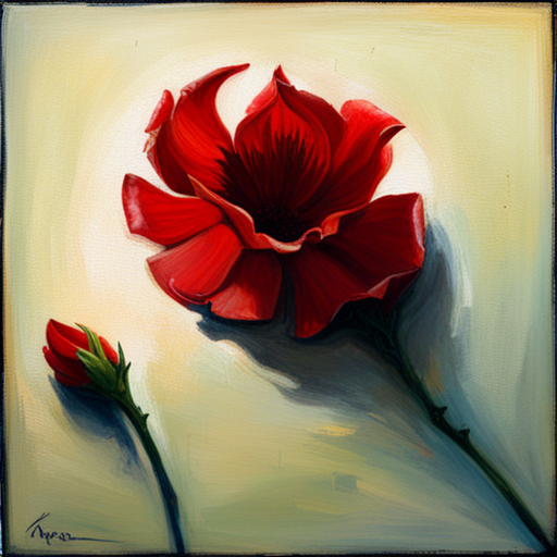 Romanticism, Still-Life, Oil Painting, Impressionism, Art Nouveau, Warm Lighting, Chiaroscuro, Emotional Symbolism, Thorns, Red Petals, Life Cycle, Fragility, Beauty, Nature