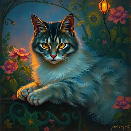 serene feline, John Singer Sargent, surrealism, twilight, chiaroscuro, vibrant colors, texture of fur, detailed whiskers, mystical aura, expressive eyes, magical ambiance, lush garden, ornate patterns, ethereal glow, dreamlike quality, impressionist touch, gentle movement, poetic essence, emotional depth, intricate composition, whimsical spirit