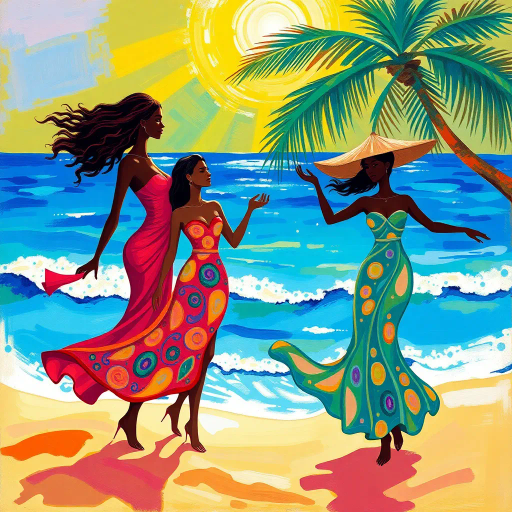 elegant figures, beach setting, vibrant colors, impressionistic style, inspired by Henri Matisse, flowing sands, tropical atmosphere, dynamic poses, radiant sunlight, azure waves, soft brush strokes, serenity, joy, cultural diversity, vibrant patterns, natural grace, warm hues, playful elegance, nuanced femininity, carefree spirit, summer ambiance, fluid lines, artistic freedom, idyllic scenery, radiant warmth, contemporary blend