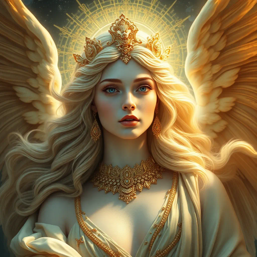 mythical goddess, ethereal beauty, Baroque influence, dynamic composition, vivid golds, soft skin textures, romantic lighting, divine femininity, voluptuous forms, opulent garments, surreal landscapes, luminescent aura, celestial themes, hyper-realistic details, delicate contrasts, elegant poise, Michelangelo inspiration, flowing hair, Renaissance echoes, emotional depth