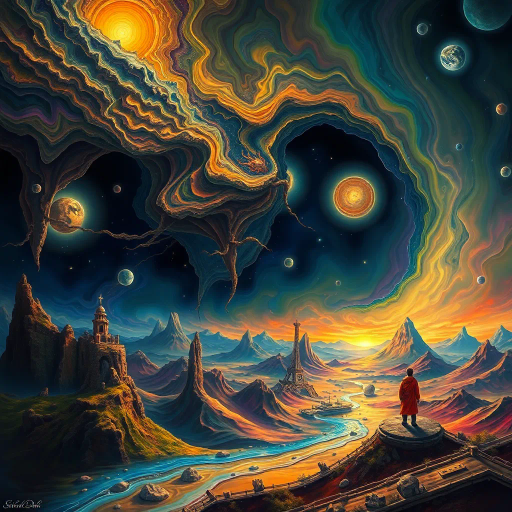 surreal dimensions, Salvador Dali, dreamlike landscapes, hyper-realistic detail, ethereal lighting, vibrant colors, fluid motion, abstract geometry, infinite spaces, emotional depth, mystical atmosphere, multi-layered composition, transcendent experience, vivid imagination, artistic metaphors, expansive scale, whimsical universe, timeless realms