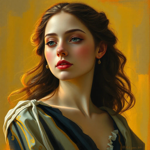 Renaissance elegance, ethereal beauty, chiaroscuro lighting, vibrant palette, emotional resonance, delicate brushstrokes, feminine grace, soft textures, Vermeer influence, serene expression, intricate details, dynamic composition, mystical aura, warm and cool contrasts, classical aesthetic, dreamlike atmosphere, flowing fabrics, cultural nuance, empowered presence, timeless portrait