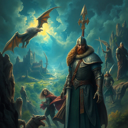 epic quest, medieval fantasy, intricate landscapes, mythical creatures, vivid imagination, detailed armor, enchanted forests, legendary heroes, dramatic lighting, atmospheric depth, rich color palettes, immersive storytelling, ancient myths, medieval artistry, magical realism, textured skin, ethereal glow, dynamic poses, sprawling kingdoms, high contrast, vintage influence, grand scale, timeless battle scenes, quest for glory, Arthurian legends, fantasy realms