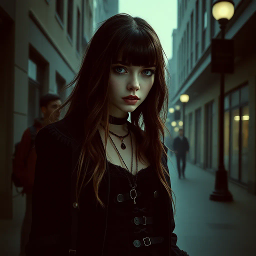 gothic fashion, college girl, mysterious atmosphere, dark academia, moody lighting, bold contrasts, intricate patterns, chiaroscuro, Tim Burton, edgy style, vintage clothing, romanticism, Victorian influence, punk aesthetics, shadow play, expressive eyes, detailed textures, melancholy, urban backdrop, 21st century, cultural infusion, rebellious spirit, soft focus, symbolic jewelry, haunting beauty, vibrant accents, artistic expression, ethereal details