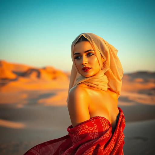 alluring Arab beauty, elegant poise, high heels, Henri Matisse and Yves Saint Laurent inspirations, modern elegance, desert oasis and professional setting, golden hour and chiaroscuro lighting, vibrant warm tones, luxurious textures, intricate and traditional Middle Eastern patterns, exotic allure, cultural richness, flowing lines, sensual movement, feminine power, refined and timeless grace, harmonious romantic ambiance, visual poetry, captivating and seductive composition, ethereal mood, desert mirage, artistic flair, expressive body language, sophisticated minimalism, textural contrast, dynamic perspective, poised demeanor, artistic serenity, contemporary realism, nuanced textures, stylish composition
