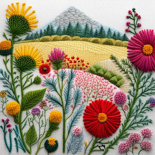 wildflower meadow, embroidery pattern, intricate details, vibrant colors, floral arrangement, stitching technique, botanical artwork, textured background, organic shapes, delicate petals, creative composition, handcrafted beauty