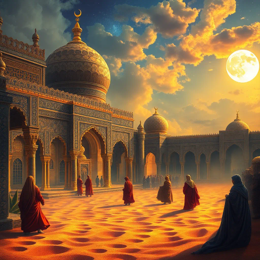 Arabian nights, mystical landscapes, intricate patterns, warm desert hues, golden sands, oasis reflections, rich jewel tones, minarets in moonlight, cultures of the Middle East, warmth and mystery, exotic silks, swirling calligraphy, star-studded skies, tales of Scheherazade, enchanted lamps, Bedouin tents, desert caravans, Lawrence of Arabia, vibrant bazaars, flowing robes, ancient cities, Moorish influences, Aladdin's adventures, visual storytelling, atmospheric depth, opulent textures, dreamlike setting
