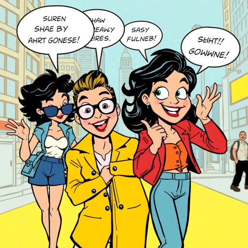 sassy characters, playful demeanor, expressive gestures, exaggerated expressions, vibrant colors, pop-art influence, dynamic composition, energetic lines, contemporary fashion, urban setting, whimsical mood, Roy Lichtenstein, speech bubbles, bold outlines, 1960s comic style, humorous tone, graphic art, American comic elements, expressive eyes, stylized features, youthful adventure, lively interaction, city backdrop, cultural nuances, lighthearted narrative, contrast between characters, bold typography, engaging story, visual storytelling