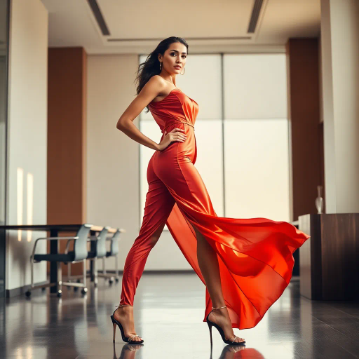 elegant arab lady, professional setting, high-fashion heels, modern office, cultural elegance, vivid colors, dynamic composition, natural light, Henri Matisse influences, contemporary style, luxurious fabric textures, warm tones, poised and confident expression, sleek silhouette, refined and sophisticated, detailed attire, graceful posture, Middle Eastern aesthetic, juxtaposition of tradition and modernity, evocative mood, subtle symbolism, realistic proportions, intricate detailing, work environment, empowerment theme, expressive lighting, artistic elegance, rich cultural tapestry, flowing fabrics, modern art influence, vibrant palette, delicate details, empowerment through fashion, cross-cultural dialogue, bold contrasts, timeless and contemporary design