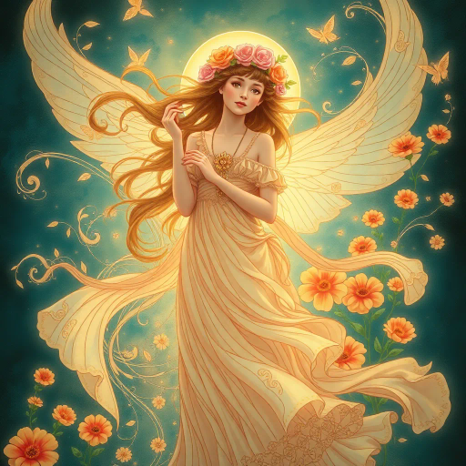 ethereal maiden, pre-raphaelite influences, intricate detailing, warm pastels, flowing drapery, serene expression, enchanted forest, dappled sunlight, soft brushstrokes, whimsical elegance, natural harmony, romanticism, subtle mysticism, organic textures, dreamlike atmosphere, enchanting aura, serene woodland, nature's embrace, idyllic beauty, harmonious composition, gentle movement, timeless grace