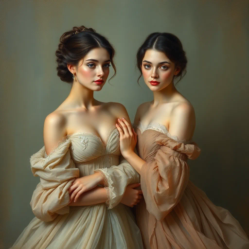 elegant femmes, graceful posture, intricate fashion, ethereal beauty, soft lighting, romantic era, impressionistic brushstrokes, pastel hues, delicate textures, feminine elegance, serene expressions, renaissance influences, flowing fabrics, atmospheric composition, refined aesthetics, timeless allure, enchanting aura, subtle movement, classical themes, Claude Monet, Edgar Degas, Raphael, chiaroscuro, delicate pastels, harmonious balance, historical richness, fine detail, luminous glow, cultural grace, narrative depth, portraiture, emotive grace, evocative ambiance