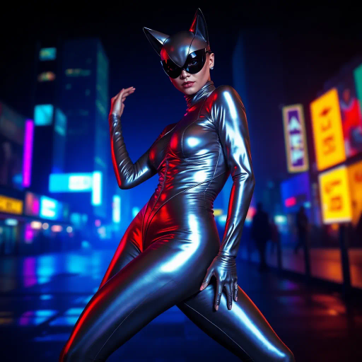 sleek catsuit design, high fashion, futuristic elements, vibrant neon lighting, dynamic pose, bold composition, metallic textures, sci-fi influence, Joan Miró inspiration, night cityscape, cyberpunk aesthetics, mysterious mood, playful elegance, abstract forms, intricate detailing, avant-garde style, fluid movements, bold color contrasts, surreal presentation, depth and layering, unconventional materials, reflections and shadows, elegant silhouette, imaginative realm, Salvador Dali, dreamlike atmosphere, geometric precision, fluid dynamics, visual storytelling, abstract surrealism, enigmatic expressions, ethereal glow, kaleidoscopic patterns, reflective surfaces, overlapping dimensions, contrasting hues, multidimensional perspective, spatial depth, imaginative narrative