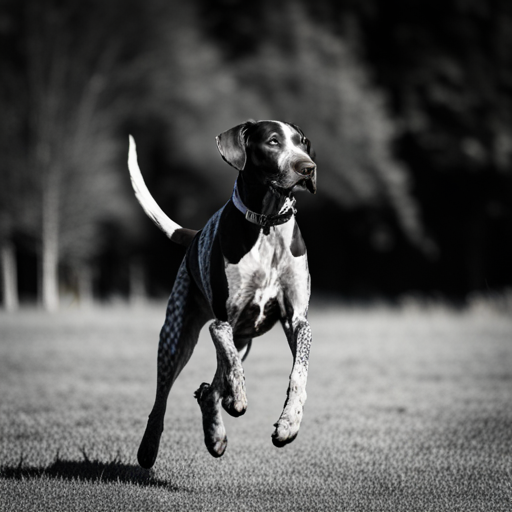 German shorthair pointer, hunting dogs, animal portrait, monochrome, high contrast, dark background, intense gaze, rugged texture, black and white photography, natural lighting, hunting instinct, powerful stance, majestic posture, pedigree breeds, outdoor photography, dog training photographic, nature, outdoor photography, animal behavior, point, prey drive, breeds, hunting, wild game, bird hunting, scent, tracking, camouflaged, agility, trained, field trial, energetic, athletic, muscular, intelligent photographic, sporting dogs, gundogs, pointers, game birds, bird dogs, canine, hunting equipment, camouflage, action shots, hunting techniques, wildlife, hunting season, hunting gear, hunting scenery, stamina, speed, a majestic German shorthair pointer, posing, natural reserve, golden hour light setting, enhancing, deep brown coat, composition, rule of thirds, facing left, impression, movement, background, defocused, atmosphere, green, yellow tones, fur texture, visible, ears, spot markings, high level of detail, capturing essence, breed