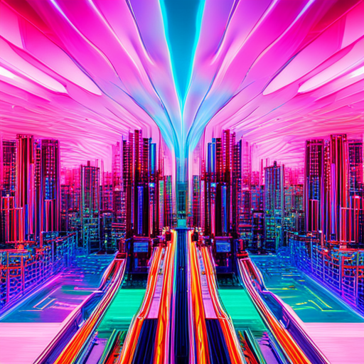 futuristic, artificial intelligence, data visualization, maximalism, neon colors, generative art, technology, complex patterns, glitch art, cyberpunk, machine learning, wires and circuits, abstract expressionism