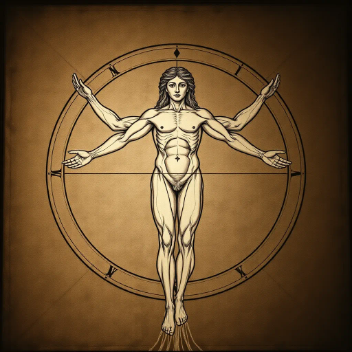 Leonardo da Vinci, Vitruvian Man, surrealism, intricate details, chiaroscuro, renaissance influences, vibrant color palette, geometric harmony, anatomical precision, ethereal lighting, metaphorical elements, dynamic symmetry, imaginative form, timeless elegance, artistic genius, cultural rebirth, intense focus, detailed textures, mystical aura, transformational imagery, expressive linework, captivating composition, historical context