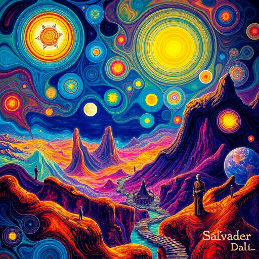 surreal dreamscape, intricate patterns, Salvador Dali, luminous lighting, ethereal ambiance, vivid palette, swirling forms, imaginative landscapes, abstract figures, dreamlike atmosphere, reflective surfaces, flowing textures, dynamic movement, mystical symbolism, infinite space, whimsical elements, vibrant expressions, imaginative worlds, hyper-detailed, otherworldly landscapes