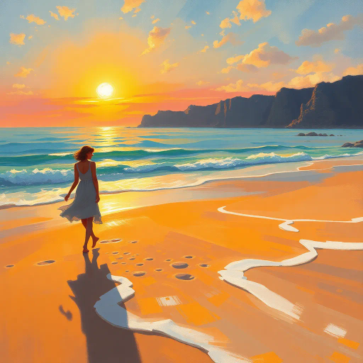 serene beach scene, ethereal light, vibrant sunrise, Claude Monet influence, gentle waves, Impressionism, warm color palette, soft brushstrokes, golden sands, timeless beauty, reflective water, gentle breeze, horizon line, tranquil mood, relaxed expression, flowing garments, intricate details, playful shadows, natural beauty, calm ocean, distant cliffs, artistry of nature, morning glow, sun-drenched, peaceful atmosphere, female figures, harmonious composition, visual poetry, artistic elegance, serene landscape, open sky, mood of contemplation, touch of mystery, dynamic forms, visual harmony