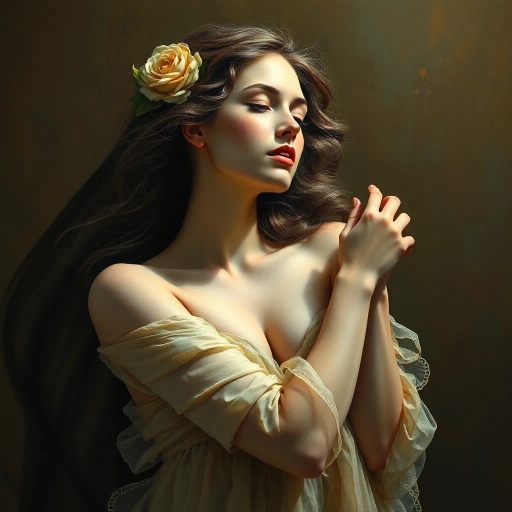 ethereal beauty, renaissance inspiration, dramatic lighting, chiaroscuro, delicate form, impressionistic touches, Gustav Klimt, soft pastels, flowing lines, timeless elegance, Art Nouveau influence, subtle textures, harmonious composition, emotional depth, sensual grace, intricate detail, dreamlike atmosphere, serene expression, gentle movement, classic pose