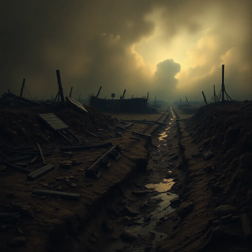 World War I, battlefield, shell hole, destruction, historical conflict, realism, Henri Rousseau, chiaroscuro lighting, somber mood, earth tones, dramatic perspective, craters, landscape, war-torn terrain, textured soil, immersive depth, metaphoric emptiness, poignant silence, layered composition, impressionist influences, reflective atmosphere, muted colors, raw textures, turbulent history, emotive impact, tension, ruins, nature reclaiming, symbolic void, desaturated hues, visual storytelling