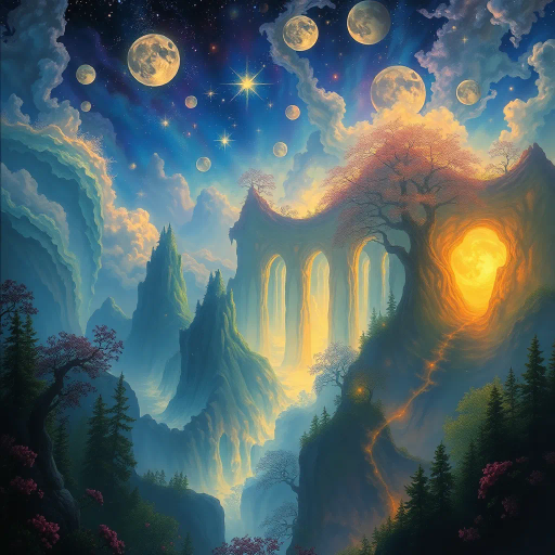 surrealism, vibrant colors, intricate details, Salvador Dali, modernism, ethereal landscapes, luminous lighting, dreamlike atmosphere, digital canvas, abstract forms, fluid motion, visual harmony, cosmic elements, imaginative composition, dynamic contrasts, fantastical creatures, layered textures, emotive expressions, transcendental vision, multi-dimensional spaces, futuristic interpretation, philosophical undertones, immersive experience