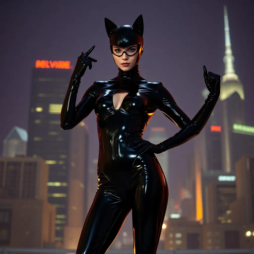 sleek catsuit design, high fashion, futuristic elements, vibrant neon lighting, dynamic pose, bold composition, metallic textures, sci-fi influence, Joan Miró inspiration, night cityscape, cyberpunk aesthetics, mysterious mood, playful elegance, abstract forms, intricate detailing, avant-garde style, fluid movements, bold color contrasts, surreal presentation, depth and layering, unconventional materials, reflections and shadows, elegant silhouette, imaginative realm, Salvador Dali, dreamlike atmosphere, geometric precision, fluid dynamics, visual storytelling, abstract surrealism, enigmatic expressions, ethereal glow, kaleidoscopic patterns, reflective surfaces, overlapping dimensions, contrasting hues, multidimensional perspective, spatial depth, imaginative narrative