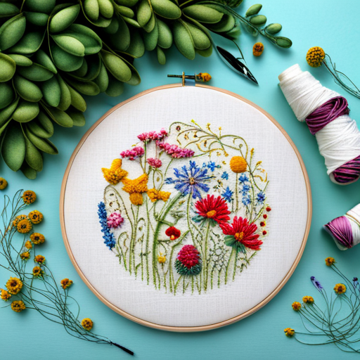 embroidery pattern, wildflower meadow, floral motifs, delicate stitches, intricate detailing, vibrant colors, nature-inspired, handmade, textile art, organic shapes, traditional craft, vintage aesthetic, botanical elements, floral composition, intricate patterns, textile design, artistic embellishments