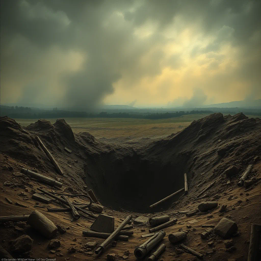 World War I, battlefield, shell hole, destruction, historical conflict, realism, Henri Rousseau, chiaroscuro lighting, somber mood, earth tones, dramatic perspective, craters, landscape, war-torn terrain, textured soil, immersive depth, metaphoric emptiness, poignant silence, layered composition, impressionist influences, reflective atmosphere, muted colors, raw textures, turbulent history, emotive impact, tension, ruins, nature reclaiming, symbolic void, desaturated hues, visual storytelling