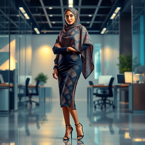 Arab woman, elegant hijab, professional setting, modern workplace, high heels, Middle Eastern culture, contemporary art, intricate patterns, vibrant colors, soft lighting, dynamic pose, cultural expression, delicate fabrics, office environment, confident demeanor, sophisticated fashion, grace and poise, diverse representation, cultural fusion, empowerment, modernism, Impressionism influences, human form, balance and harmony, Henri Matisse, modern elegance, intricate textile patterns, vibrant aesthetic, global influence, artistic expression, dignity and strength, atmospheric composition, elegant lines, harmonious palette, seamless integration, modern artistry